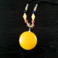 Ethnic style long sweater chain with round yellow imitation amber pendant and beaded details - F0171 Safety Sign