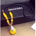 Ethnic style long sweater necklace with yellow faux amber beads and silver-toned floral pendant - F0169 Small Round Crystal