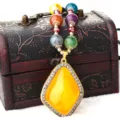 Vintage ethnic long necklace with yellow faux honey wax pendant and colorful beads. - F0170 Irregular Beeswax