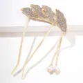 Elegant gold leaf hair fork with sparkling rhinestones and delicate pearl tassels for Hanfu - Rhinestone Leaf / Gold