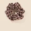 Brown houndstooth plaid woolen hair scrunchie accessory for autumn and winter styles. - Coffee Plaid (3911)
