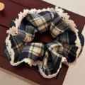Vintage plaid scrunchie with lace trim, navy blue autumn winter hair tie accessory - Navy Blue Lace Scrunchie (3900-1)