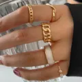Juego de anillos geométricos de oro retro para mujer con detalles de mármol y perlas - Aleación / Estilo de perla con textura de mármol (5379403) / Dorado