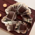 Retro brown plaid wool scrunchie with elegant cream lace trim hair accessory for winter - Brown Lace Scrunchie (3900-2)