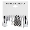 Lot de 6 paires de boucles d'oreilles créoles géométriques argentées avec perles - Ensemble de Boucles d'Oreilles Damier et Perles Artificielles Argenté (5584601)