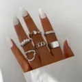 Conjunto de anillos plateados de moda para mujer con cadena gruesa y diseños ondulados. - Estilo de Sello de Cadena Minimalista de 6 Piezas (5690701HB) / Plateado