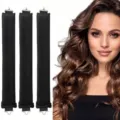 Close-up of three black heatless hair curlers with hooks showing wavy hair result - 3 Piece Set / Black