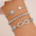 Elegante 3-delige zilveren armbandenset met hartmanchet, tennisketting en oneindigheidscharme - Retro 3-Delige Set Combinatie / Zilveren 3-delige Set