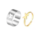 Butterfly matching ring set in silver and gold colors, adjustable open design - Butterfly Open Couple Rings (53768)