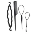 Professional black hair styling tool set with tail comb and topsy tail hair loop - Basic 4-Piece Set / 4 Pieces/Pack / Black
