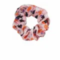Pink Halloween scrunchie hair tie with pumpkin, ghost, and cat patterns for festival styling. - Pink