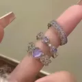 Set of 3 purple heart rings with silver thorn design and cat eye stones - Silver Thorn Purple Heart 3Pcs Set (5817203)