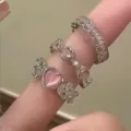 Three-piece silver ring set featuring pink heart cat-eye stones and thorn design details - Silver Thorn Pink Heart 3Pcs Set (5817201)