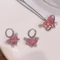 Barbie pink heart-shaped planet necklace and hoop earrings jewelry set - Pink Planet (Silver Chain)