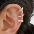 Set of three silver-tone C-shaped ear cuffs with rhinestone details for non-pierced ears - Silver Style (5679302)