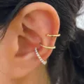 Gold-tone C-shaped ear cuff set with rhinestones and twisted texture for non-pierced ears - Gold Twisted Rhinestone Style (5679401)