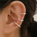 Set of 3 silver non-piercing ear cuffs with sparkling crystals and twisted texture. - Silver Twisted Rhinestone Style (5679402)
