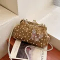 Vintage velvet clutch with butterfly embroidery and pearl chain strap for evening. - Gold