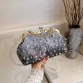 Bolso de mano vintage de terciopelo gris con bordado de mariposa y cadena de perlas elegante - Gris