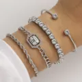 Retro silver-toned twisted chain bracelet and rhinestone-studded open bangle jewelry set - Rhinestone Twist Style (5869302) / 4 Pieces / Silver