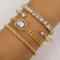 4-piece gold punk jewelry set featuring rhinestone bangles and twisted rope chain bracelets - Rhinestone Twist Style (5869301) / 4 Pieces / Gold