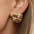 Exquisite golden square earrings featuring a unique woven rope texture on a model - Gold Woven Square Hoop (6269601HB)