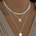 Chic triple layered silver color necklace featuring star and circular coin pendants - Pentagram Disk Style (5969002HB)