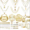108-teiliges Gold-Schmuckset inklusive mehrlagiger Ketten, Armbänder und Perlenohrringe für Damen - 6347101HB款式