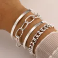Bohemian style 4-piece silver jewelry bracelet set with 'LOVE' engraving and chain links - love链条款式(5695102) / 4 Pieces / Silver