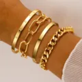 Set of 4 gold-tone fashion bracelets featuring love engraving and curb link chains - 4-Piece Set - Love Chain (5695101) / Gold