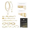 Umfangreiches goldfarbenes Schmuckset mit Kunstperlenohrringen, Halsketten und Ringen - 60 Stück