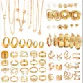 Großes goldenes Schmuckset mit geometrischen Schmetterlingshalsketten und Ringen - 6185401HB款式