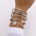 5-piece set of silver-tone geometric open bangles with knotted and smooth designs - Knot Geometric (6287702) / Five-Piece Set / Silver