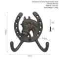 Retro bronze cast iron horse head double hook for wall mounting including screws - Horseshoe Cast Iron Horse Head Double Hook / 12.8x12x2.5cm / Brown Rust