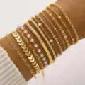Elegant 12-piece gold bracelet set with pearls, heart charms and mixed chain styles - 12-Piece Set - Link Chain and Artificial Pearls (6376401HB) / Gold