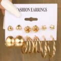 Trendiges 6-Paar Gold-Ohrring-Set mit Herz-, Sternsteckern und Geometrie-Reifen - Herz/Geometrischer Stil / Gold (6 Paar Set)
