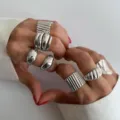 Chunky silver minimalist rings set with smooth and ribbed textures on a heart hand - Irregular Joint Ring / Minimalist Irregular Set (6422202HB) / Silver