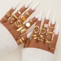 Elegante conjunto de anillos vintage dorados estilo bohemio con múltiples diseños - Estilo con incrustaciones de gemas (6565701HB)
