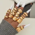 Juego de 15 anillos dorados bohemios vintage para mujer con diseño de capas apilables - Estilo de Lava Irregular (6639901HB)