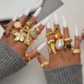 Conjunto de anillos apilables vintage bohemios dorados con piedras para mujer moda - Estilo de Piedra Ojo de Tigre (6663901HB)