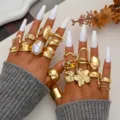Juego de anillos apilables dorados de estilo bohemio vintage con flores y perlas mujer - Juego Floral Bohemio Vintage (6665801HB)