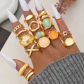 Conjunto de anillos dorados vintage bohemios con piedras de colores y diseños geométricos - Juego de Cadenas Martilladas Bohemias (6671801HB)