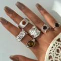Conjunto de anillos bohemios vintage de plata con piedras ojo de tigre apilables. - Juego de Piedras de Ojo de Tigre (6512802HB)