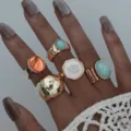 Set de anillos bohemios vintage bañados en oro con piedras de colores para mujer - Estilo con Incrustaciones de Gemas (6503701HB)