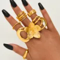 Juego de anillos bohemios dorados con flor grande y diseños de varias capas - Flor de Círculo Exagerada (6482902HB)