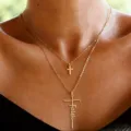 Διπλό χρυσό κολιέ με έναν μινιμαλιστικό σταυρό και μενταγιόν με την επιγραφή Faith - Διπλό Κολιέ με τη Λέξη Faith και Σταυρό (5832801) / Χρυσό