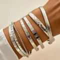 Fashionable stackable silver bangle and bracelet set for women in mix-and-match style - 7-Piece Set - Diamond Pattern (6269702HB) / Silver