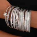 Elegant silver stackable bangle bracelet set with star charm for women - 15 pieces - 18-Piece Set - Star (6553202HB) / Silver