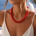 Elegante collar bohemio de cuentas rojas grandes ideal para trajes de playa de verano - Estilo de Cuenta Redonda Grande / Rojo Brillante (6785604)