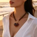 Collar bohemio de cuentas marrones con gran colgante de corazón de ámbar para playa - Estilo de Colgante de Corazón de Ámbar (6805001HB) / Marrón Oscuro